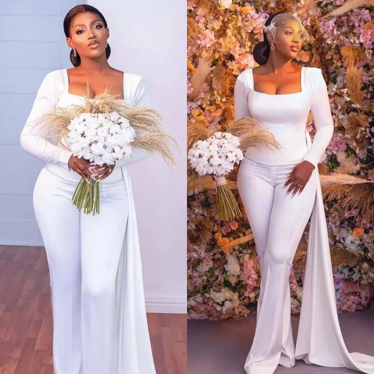 Boho Beach Lesbian Bride Pant Suit Wedding Dresses Solid Bridal Gowns Satin Long Sleeved Over Skirt vestido de novia 2022
Boho Beach Lesbian Bride Pant Suit Wedding Dresses Solid Bridal Gowns Satin Long Sleeved Over Skirt vestido de novia 2022