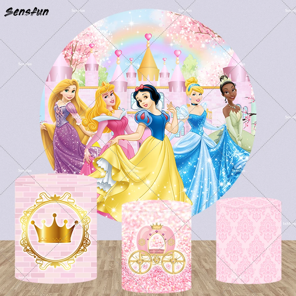Круглый фон принцессы Диснея для девочек, розовый замок, круг, фон с цветочным принтом, Золотая Корона, конфеты, чехлы на цилиндры, декор для вечеринки 
Круглый фон принцессы Диснея для девочек, розовый замок, круг, фон с цветочным принтом, Золотая Корона, конфеты, чехлы на цилиндры, декор для вечеринки