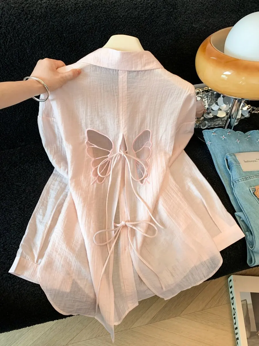Sun Protection Back Hollow out Tie Women's Summer Thin Loose Shirt Korean Style Long Sleeve Collar Cardigan
Sun Protection Back Hollow out Tie Women's Summer Thin Loose Shirt Korean Style Long Sleeve Collar Cardigan
