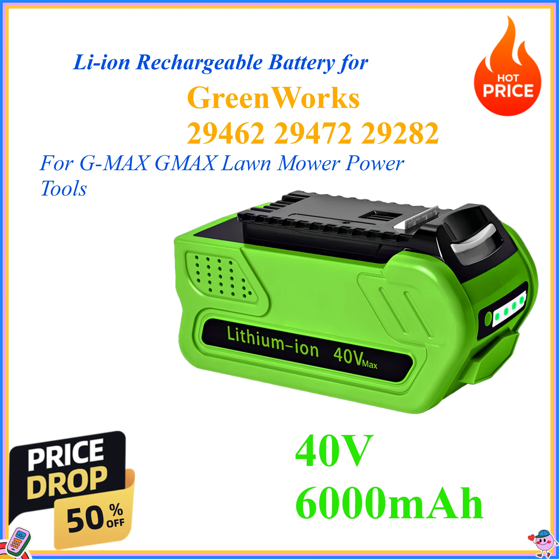 40V 6000mAh Li-ion Rechargeable Battery for GreenWorks 29462 29472 29282 For G-MAX GMAX Lawn Mower Power Tools Battery
40V 6000mAh Li-ion Rechargeable Battery for GreenWorks 29462 29472 29282 For G-MAX GMAX Lawn Mower Power Tools Battery