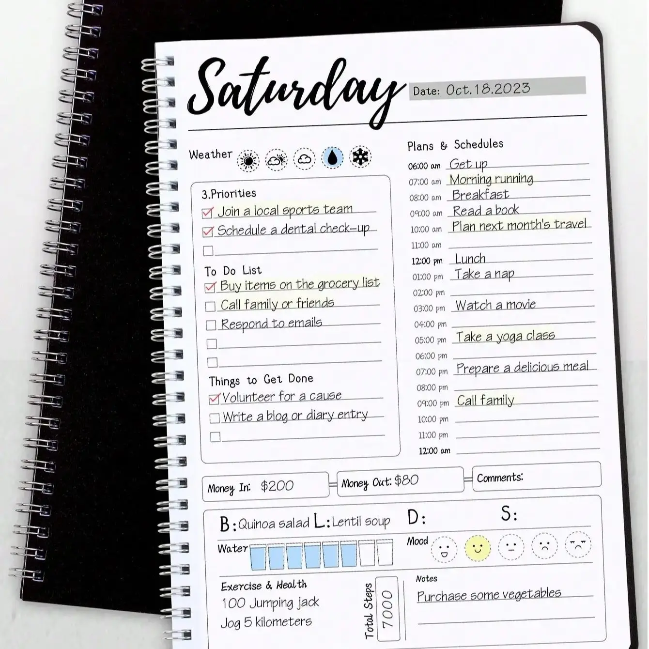 Daily Planner Notebook Spiral Bound Weekly & Daily Schedule to Do List Mood Water Intake Budget Journal
Daily Planner Notebook Spiral Bound Weekly & Daily Schedule to Do List Mood Water Intake Budget Journal
