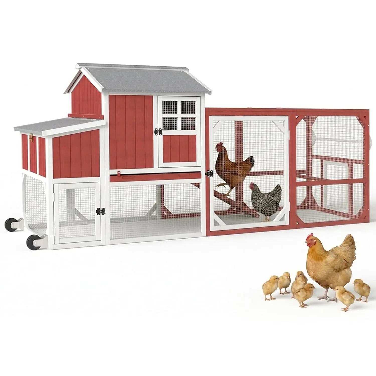 95" Wooden Mobile Chicken Coop Wheels Nesting Box Predator-Proof Weatherproof Roof Backyard 4-6 Hens, Customized
95" Wooden Mobile Chicken Coop Wheels Nesting Box Predator-Proof Weatherproof Roof Backyard 4-6 Hens, Customized