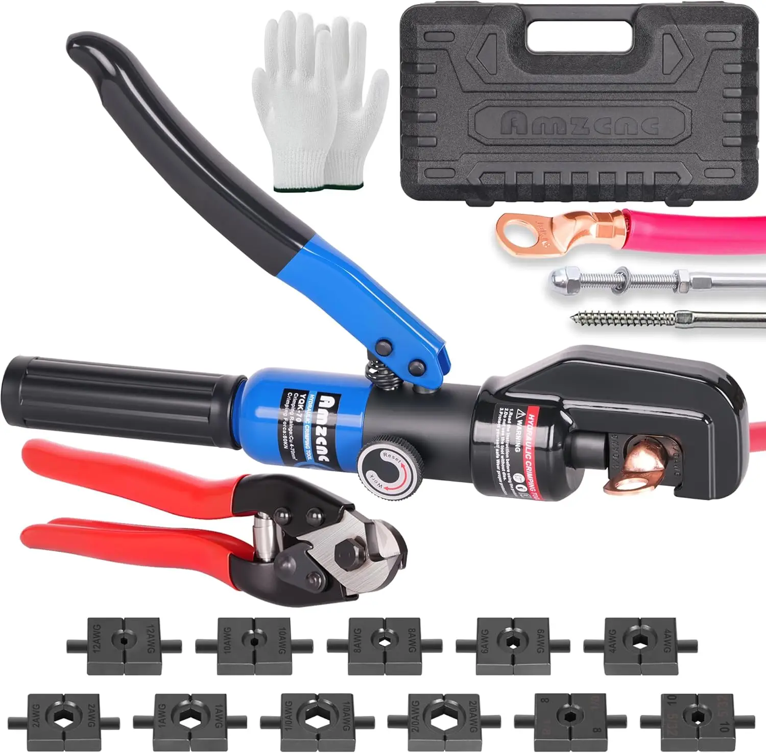 Hydraulic Crimping Tool with 9 Cable Dies for 12 AWG to 2/0 AWG and 2 Wire Rope Dies for 1/8" and 5/32", Hand Crimper
Hydraulic Crimping Tool with 9 Cable Dies for 12 AWG to 2/0 AWG and 2 Wire Rope Dies for 1/8" and 5/32", Hand Crimper