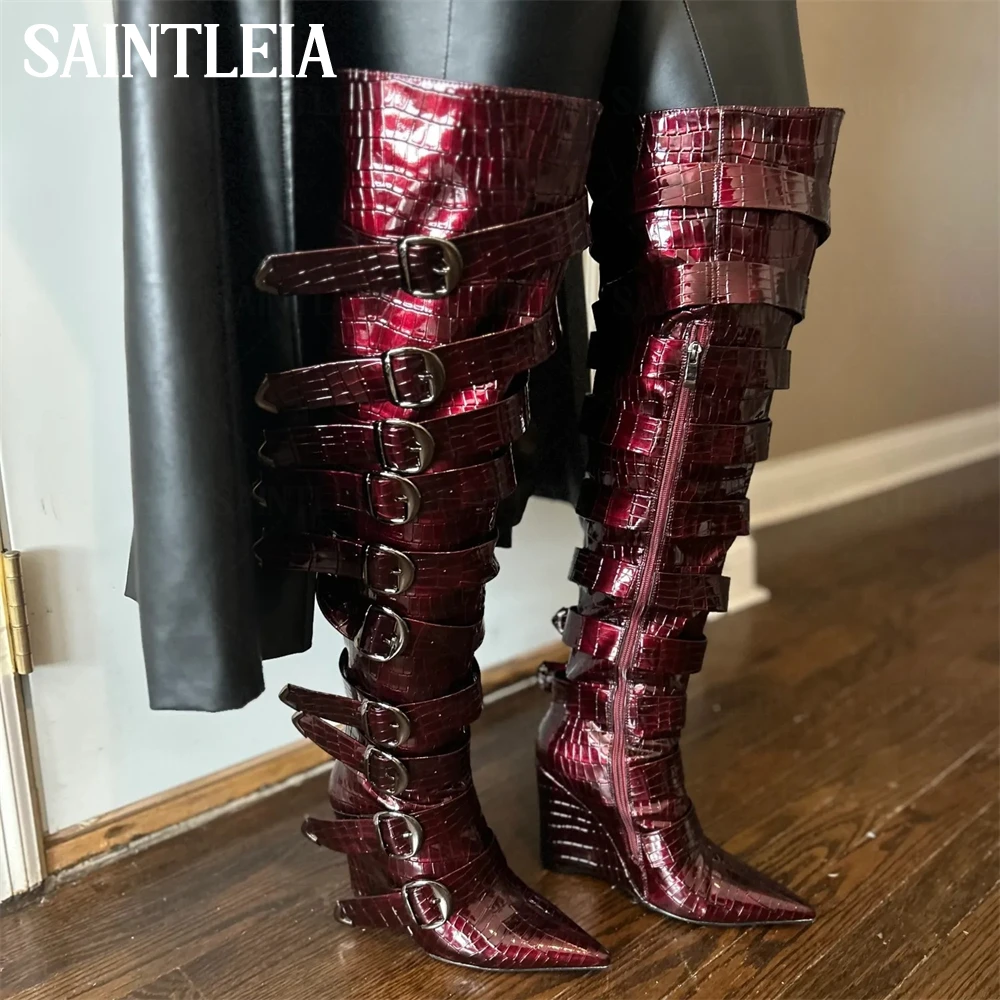 Adjustable Straps Wedge Boots Pointed Toe Faux Crocodile Leather over the Knee Boots Thigh High Shaft Silver Buckles Women Boots
Adjustable Straps Wedge Boots Pointed Toe Faux Crocodile Leather over the Knee Boots Thigh High Shaft Silver Buckles Women Boots