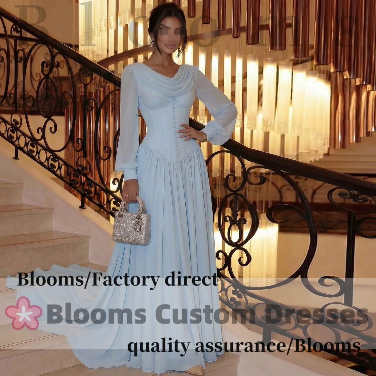 Customized Light Blue Buttoned Bodice Formal Evening Dresses Prom Gown Draped Neck Long Sleeve Train Elegant Party Dresses 2026
Customized Light Blue Buttoned Bodice Formal Evening Dresses Prom Gown Draped Neck Long Sleeve Train Elegant Party Dresses 2026