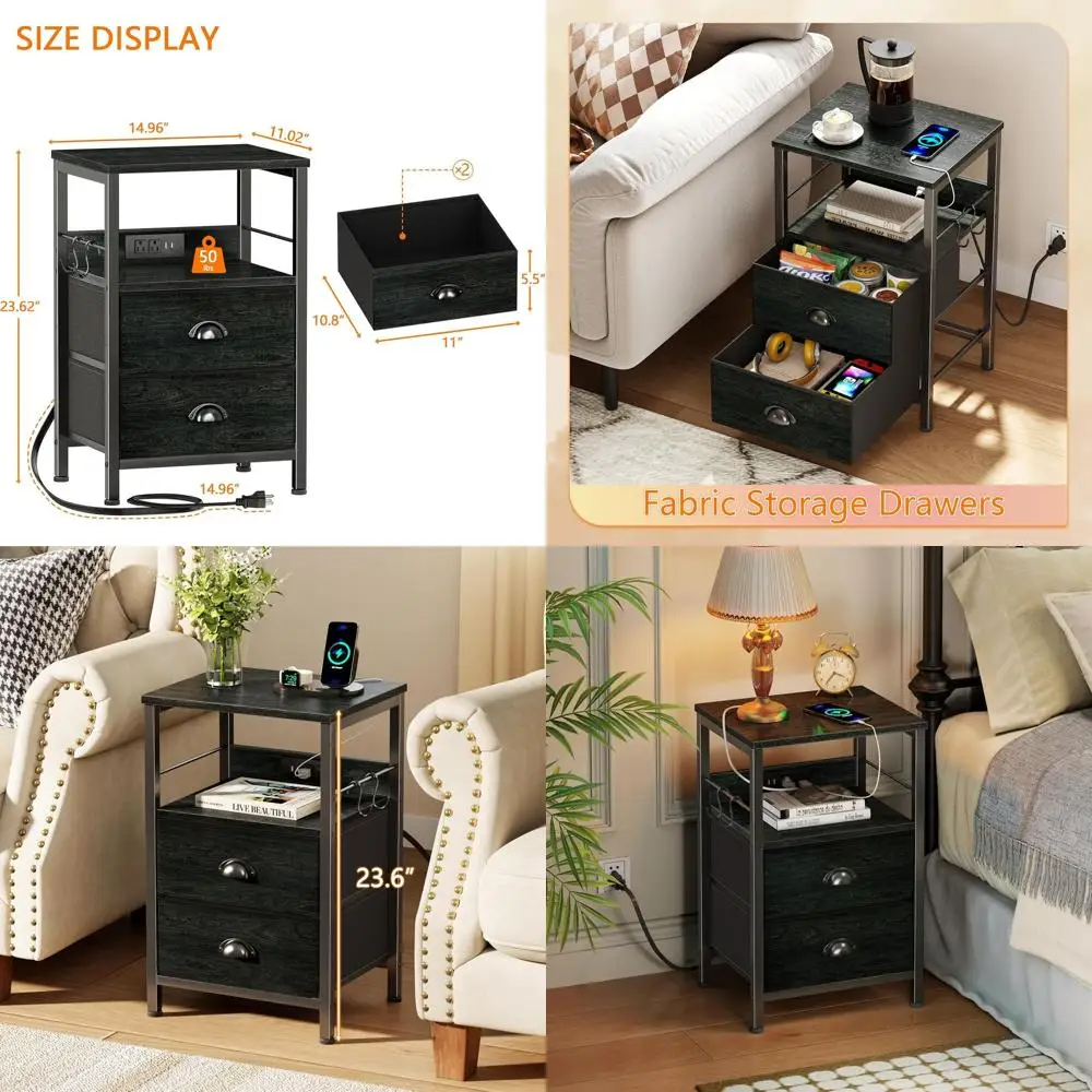 Black Charging Nightstand with Fabric Drawers, USB Ports, and Storage Shelf for Living Room or Bedroom
Black Charging Nightstand with Fabric Drawers, USB Ports, and Storage Shelf for Living Room or Bedroom