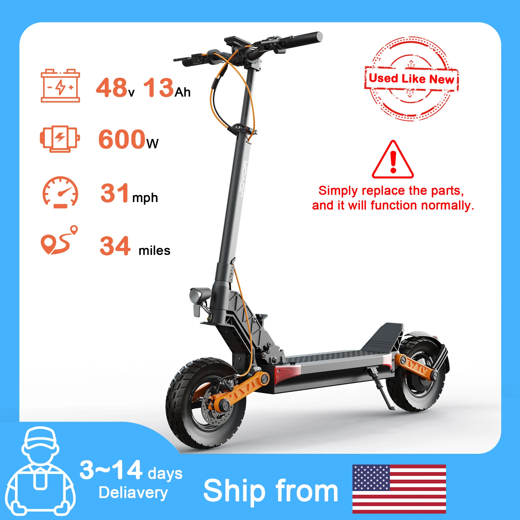 【Used - Like New】JOYOR S5-Z electric scooter 600W power motor speed 31Mph, 34-Mile Range, Foldable Design for Commuting & Advent
【Used - Like New】JOYOR S5-Z electric scooter 600W power motor speed 31Mph, 34-Mile Range, Foldable Design for Commuting & Advent