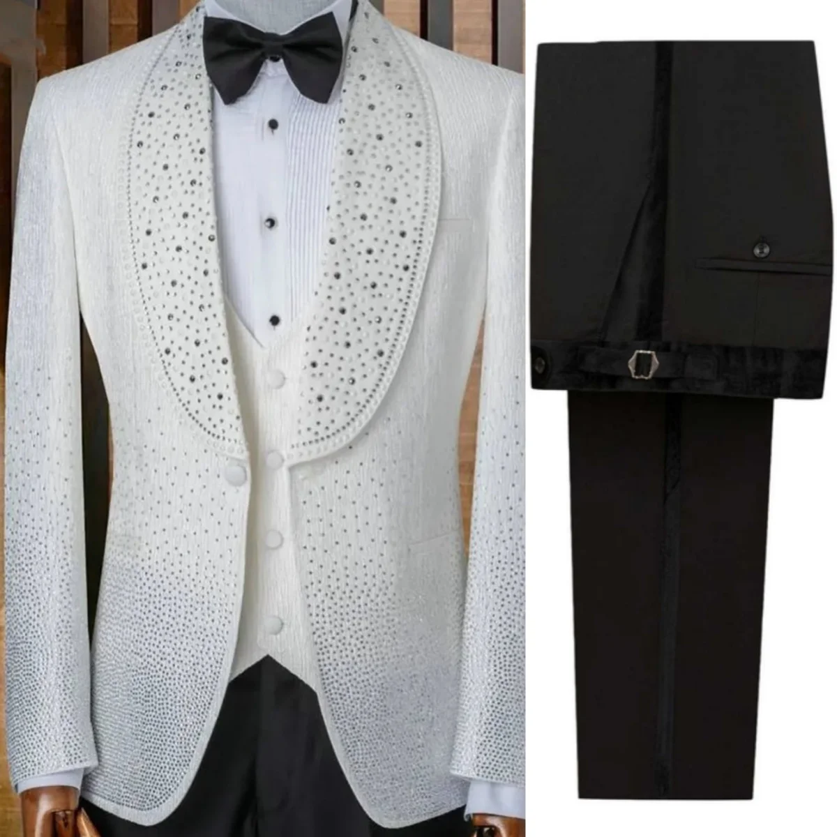 Luxury Man Tuxedos Shawl Lapel Beaded Crystal Wedding Suit Elegant 3 Piece Jacket Vest Pant Evening Groom For Party Customized
Luxury Man Tuxedos Shawl Lapel Beaded Crystal Wedding Suit Elegant 3 Piece Jacket Vest Pant Evening Groom For Party Customized