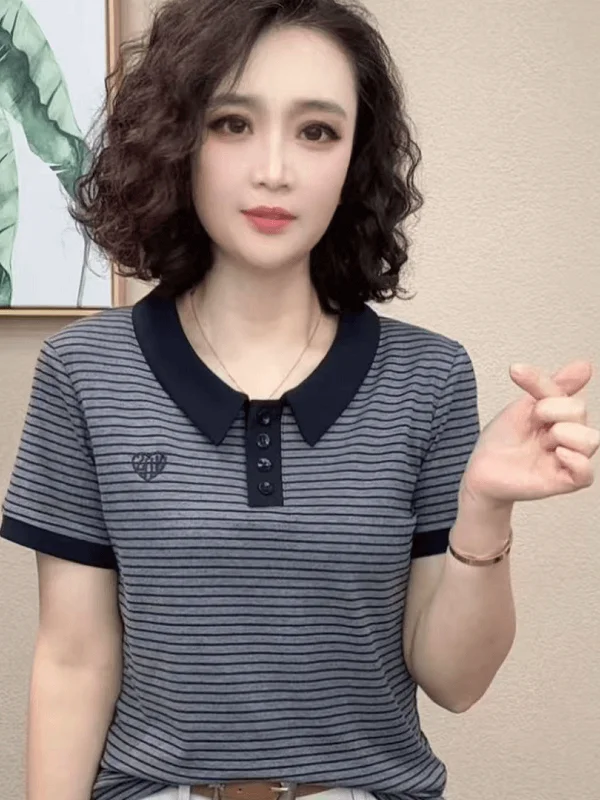 Slimming Striped Short Sleeve T-Shirt Women's Fashionable Summer New Style Embroidered Turn-down Collar Versatile Flattering Top
Slimming Striped Short Sleeve T-Shirt Women's Fashionable Summer New Style Embroidered Turn-down Collar Versatile Flattering Top