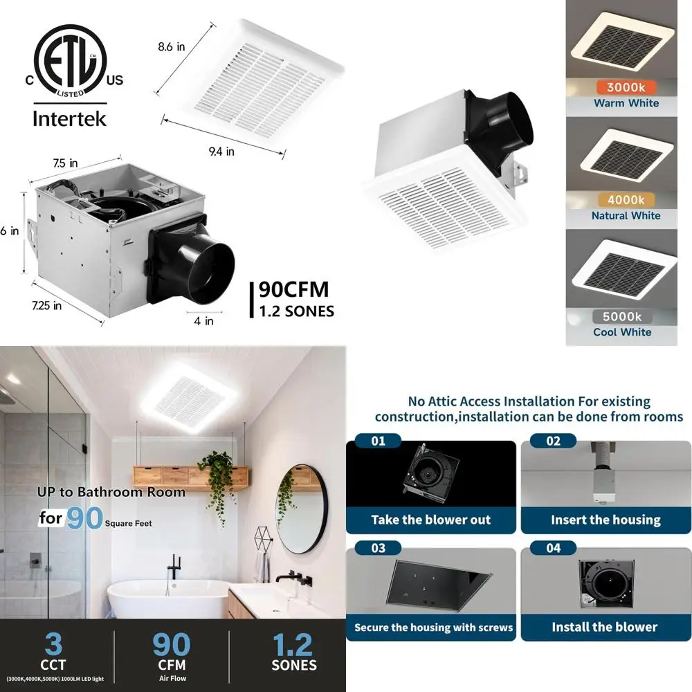 90cm 1.2 Sone Dimmable 3CCT LED Light with 4-Inch Duct, Quiet Bathroom Exhaust Fan and Light Grille, White
90cm 1.2 Sone Dimmable 3CCT LED Light with 4-Inch Duct, Quiet Bathroom Exhaust Fan and Light Grille, White