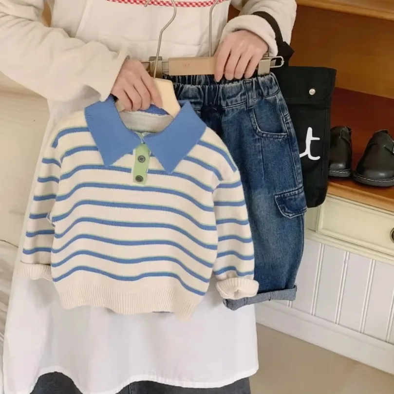 Children's Sweater Edition Boys' Striped Knitted Sweater Korean Edition Bottom Layer Shirt Baby Kids Split Hoodie 2025Top
Children's Sweater Edition Boys' Striped Knitted Sweater Korean Edition Bottom Layer Shirt Baby Kids Split Hoodie 2025Top