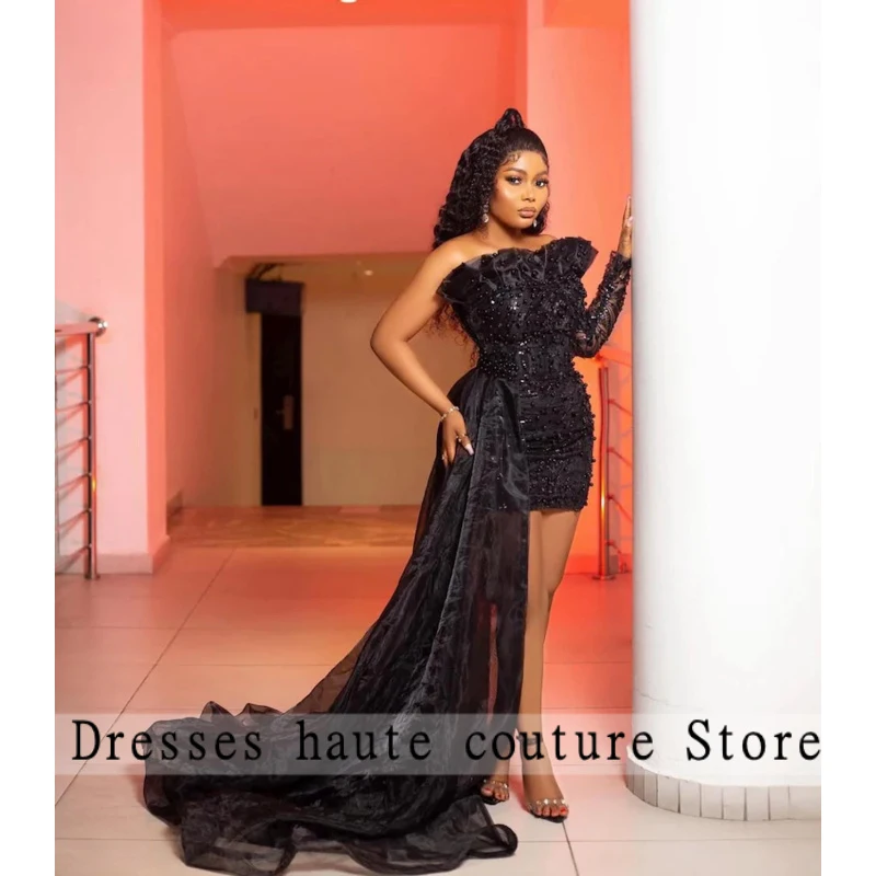 Off Shoulder One Long Sleeve Black Beaded Mermaid Mini Evening Dress With Train Wedding Party Plus Size Gown Customized
Off Shoulder One Long Sleeve Black Beaded Mermaid Mini Evening Dress With Train Wedding Party Plus Size Gown Customized