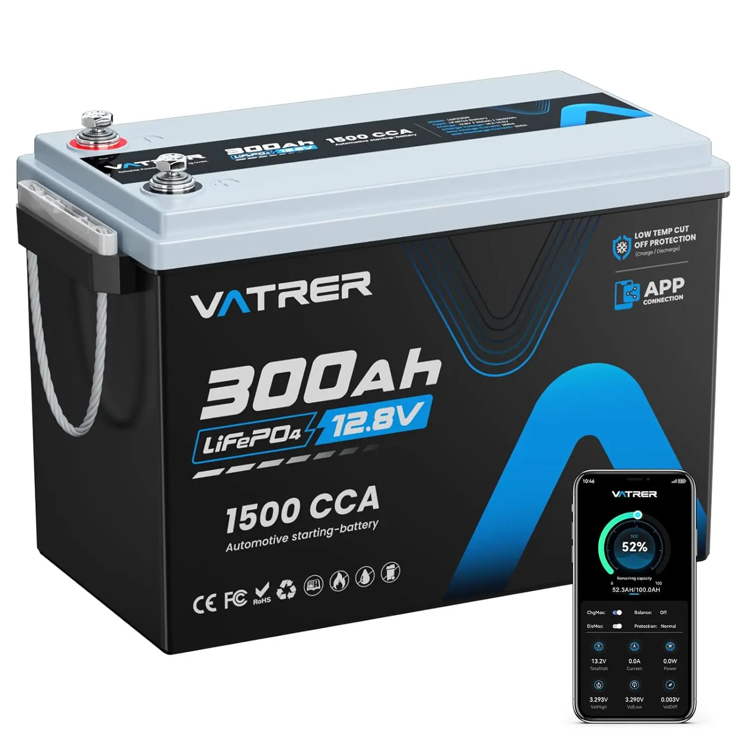 12V 300Ah Lithium LiFePO4 Battery with APP Monitoring, 200A BMS Rechargeable Starting Battery, High/Low Temperature, Custom
12V 300Ah Lithium LiFePO4 Battery with APP Monitoring, 200A BMS Rechargeable Starting Battery, High/Low Temperature, Custom
