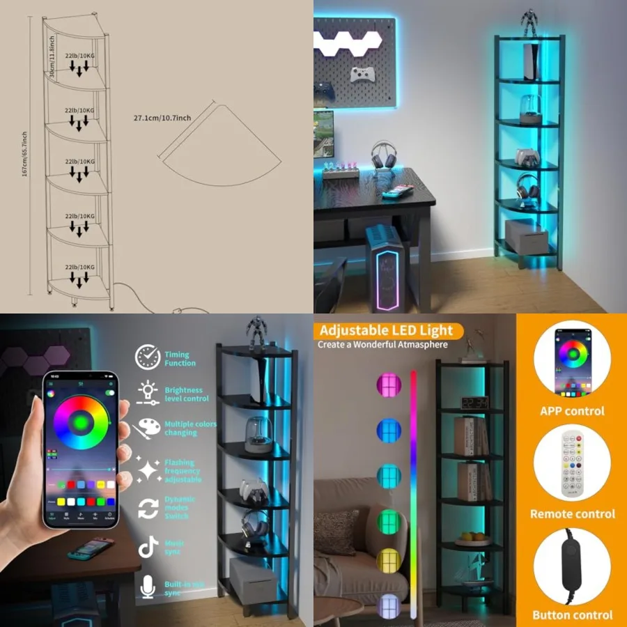Corner Shelf with LED Lights, 6-Tier Corner Bookshelf, 66'' Organizer Book Shelf Shelves Steel Frame Display Stand with Living
Corner Shelf with LED Lights, 6-Tier Corner Bookshelf, 66'' Organizer Book Shelf Shelves Steel Frame Display Stand with Living