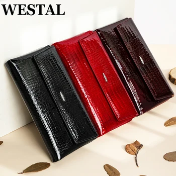 WESTAL 여성용 정품 가죽 지갑, 동전 주머니, 여러 카드 슬롯, 지퍼 포켓, 동전 지갑, 긴 돈 가방