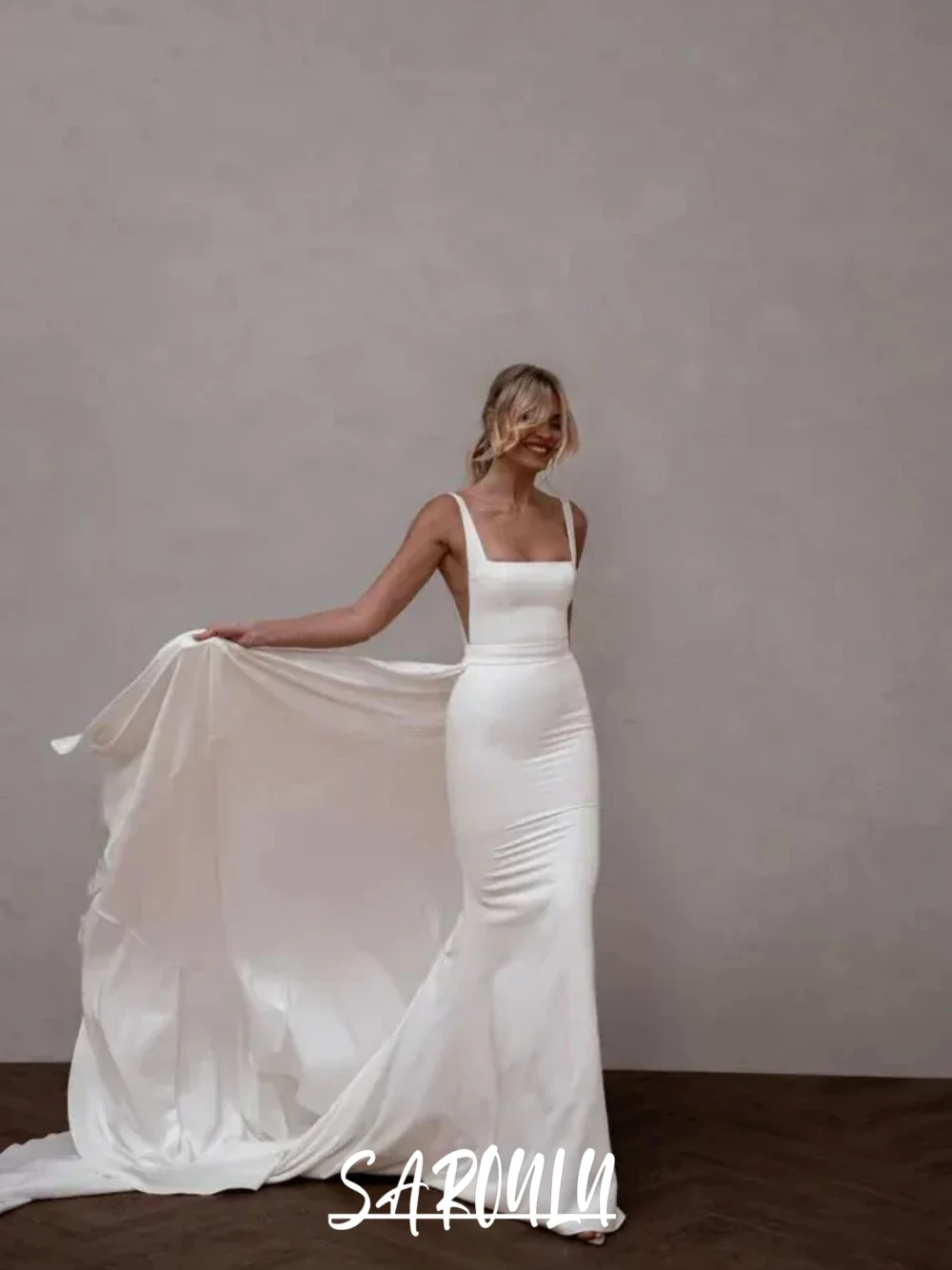 Elegant Square Collar Satin Wedding Dress For Women Simple Mermaid 2 in 1 Classic Open Back Customized Bride Gown No Veil 
Elegant Square Collar Satin Wedding Dress For Women Simple Mermaid 2 in 1 Classic Open Back Customized Bride Gown No Veil