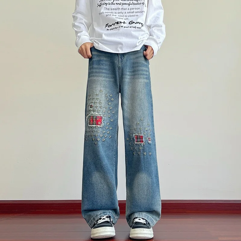 Retro American Hip Hop Street Embroidered Patchwork Washed Denim Pants Men's Loose Wide Leg Jeans Casual Straight Cut Trousers
Retro American Hip Hop Street Embroidered Patchwork Washed Denim Pants Men's Loose Wide Leg Jeans Casual Straight Cut Trousers