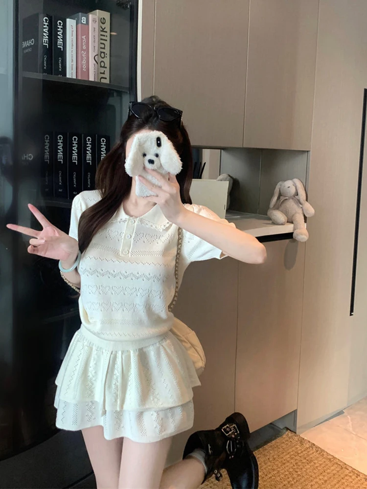 Korean Style Ruffle Collar Hollow Short Sleeve Knitted Top Puffy Skirt Women's Summer New Fashion Set Casual Adult Clothes
Korean Style Ruffle Collar Hollow Short Sleeve Knitted Top Puffy Skirt Women's Summer New Fashion Set Casual Adult Clothes