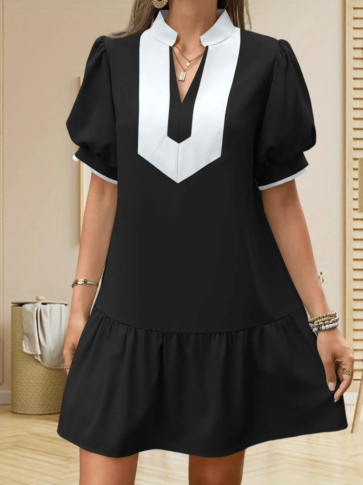Womens Summer Mini Dress Casual Puff Sleeve V Neck Color Block Loose A Line With Pockets
Womens Summer Mini Dress Casual Puff Sleeve V Neck Color Block Loose A Line With Pockets