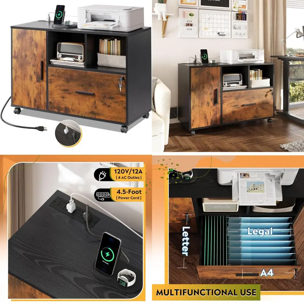 Charging Station Rolling File Cabinet with Lock, 1-Drawer Wooden Office Filing Cabinet for Home, Printer Storage Solution
Charging Station Rolling File Cabinet with Lock, 1-Drawer Wooden Office Filing Cabinet for Home, Printer Storage Solution