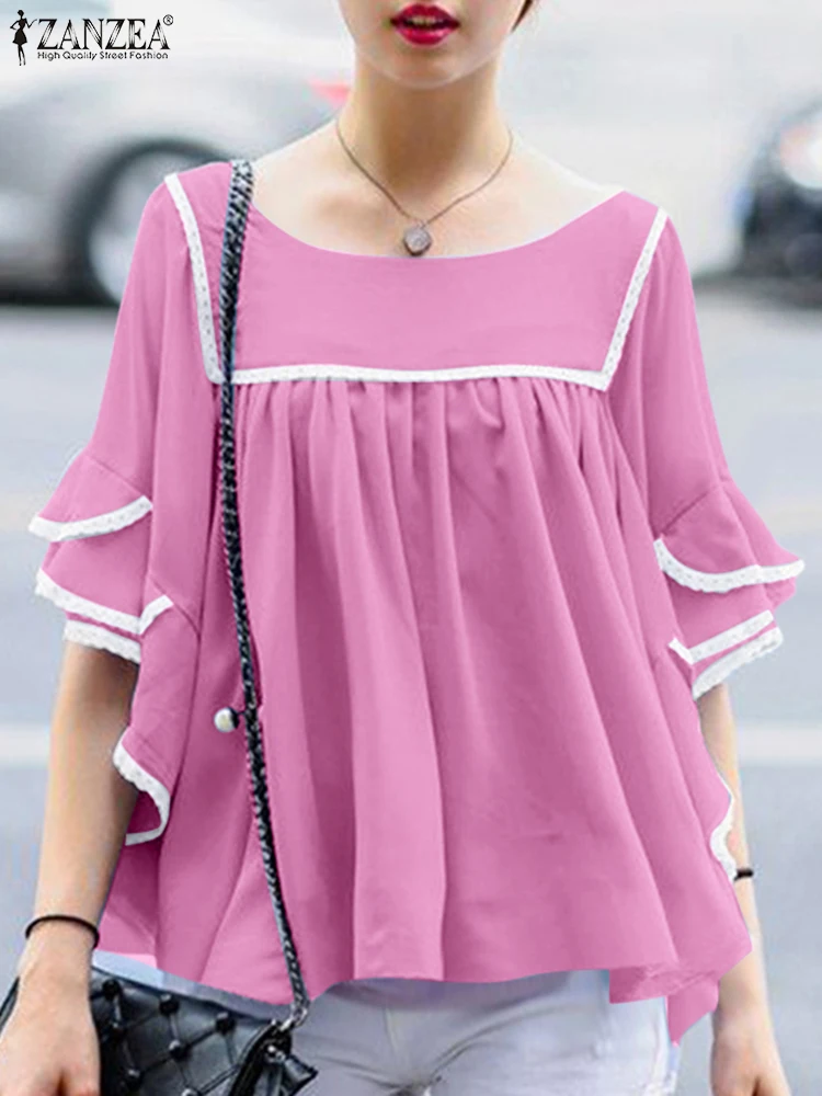 ZANZEA Stylish Lace Trim Gathered Blouses Women Casual Loose O-Neck Layered Flare Sleeve Blusas Mujer Everyday Solid Color Tops
ZANZEA Stylish Lace Trim Gathered Blouses Women Casual Loose O-Neck Layered Flare Sleeve Blusas Mujer Everyday Solid Color Tops
