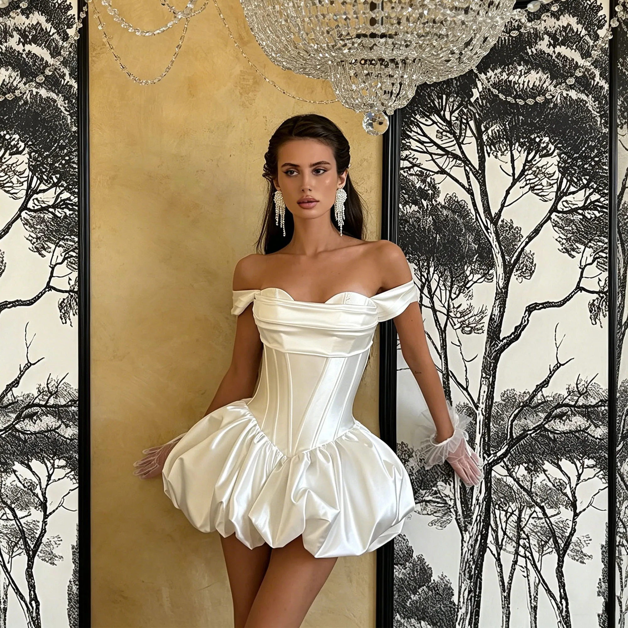 White Satin Short Wedding Dress Off Shoulder A-Line Corset Back Mini Bridal Gown for After Party Dresses Above Knee Customized
White Satin Short Wedding Dress Off Shoulder A-Line Corset Back Mini Bridal Gown for After Party Dresses Above Knee Customized