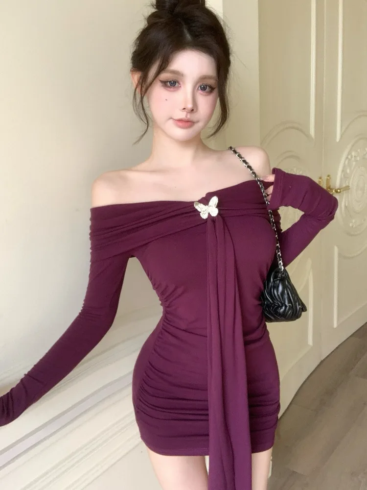 Shoulder Baring Long Sleeve Purple Dress Women's Autumn Winter Sexy Bodycon Korean Style Commute Pure Color Skirt
Shoulder Baring Long Sleeve Purple Dress Women's Autumn Winter Sexy Bodycon Korean Style Commute Pure Color Skirt