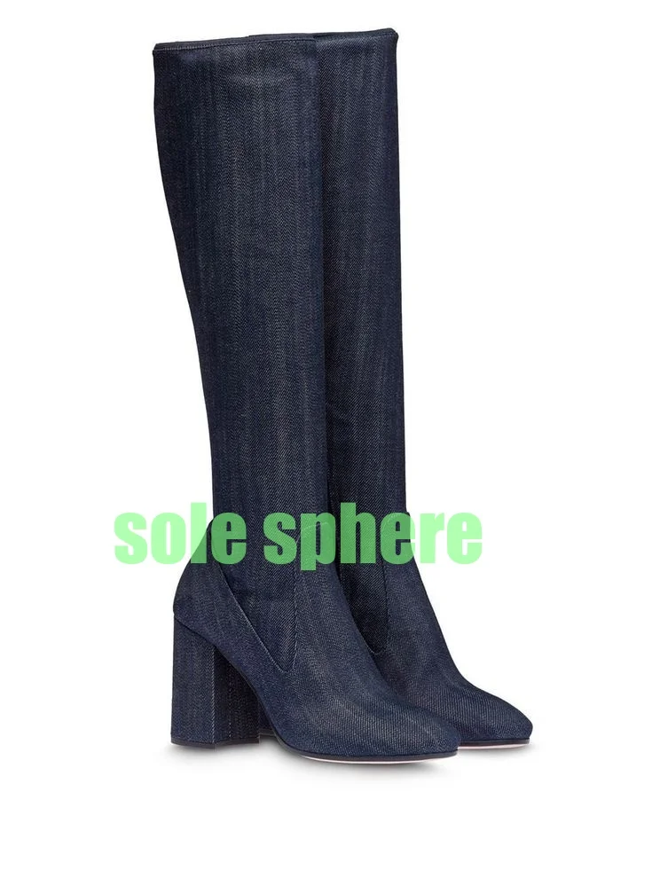 Lady Denim Blue Chunky Heel Knee Boots Footwear Cowboy Denim Square Toe Size 34-46 Vintage Color Dark Runway Fall Retro Boots
Lady Denim Blue Chunky Heel Knee Boots Footwear Cowboy Denim Square Toe Size 34-46 Vintage Color Dark Runway Fall Retro Boots