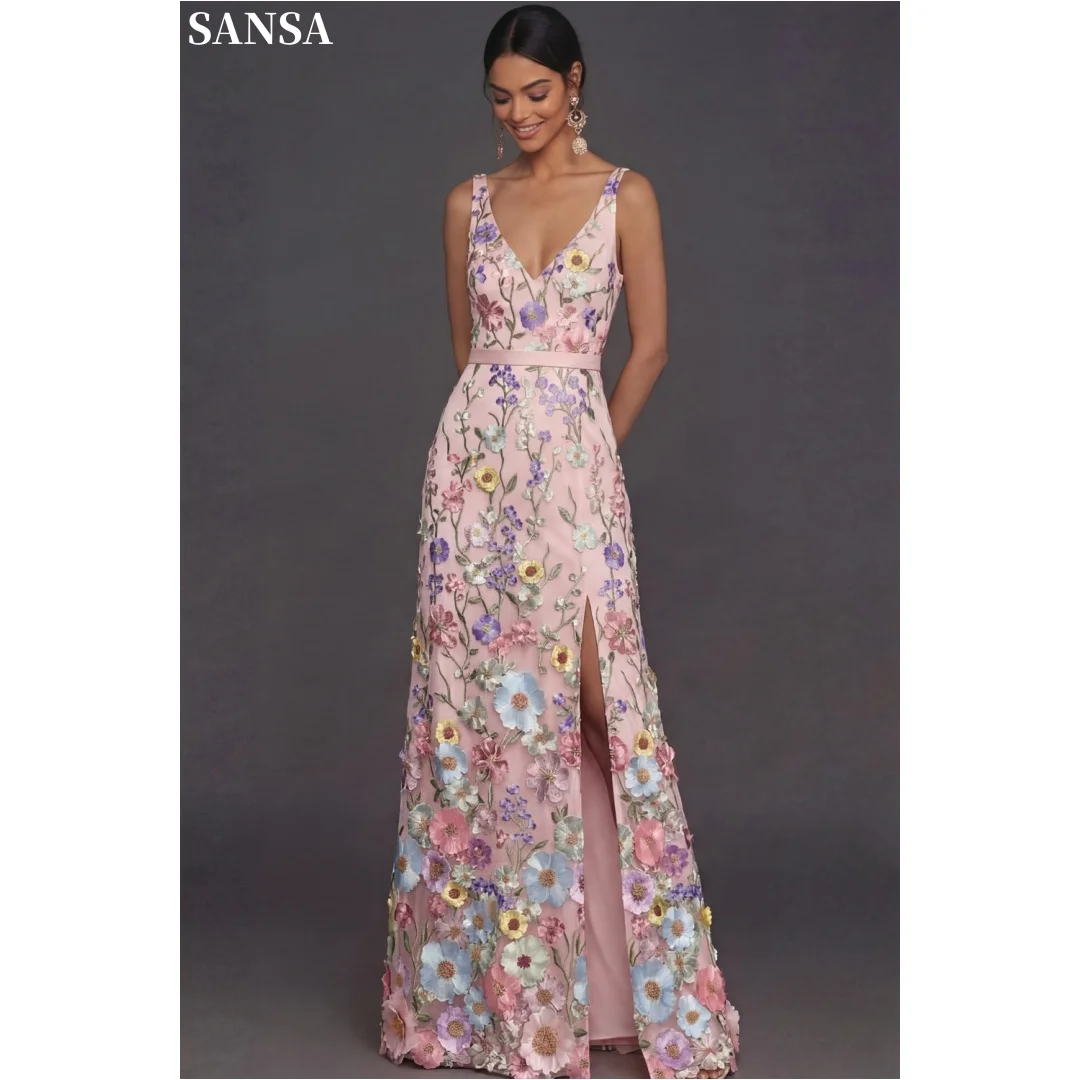 Sansa Customized Blush Pink V-Neck Floral Embroidered Evening Gown with 3D Flowers, High Slit and Sleeveless Formal Prom Dress
Sansa Customized Blush Pink V-Neck Floral Embroidered Evening Gown with 3D Flowers, High Slit and Sleeveless Formal Prom Dress
