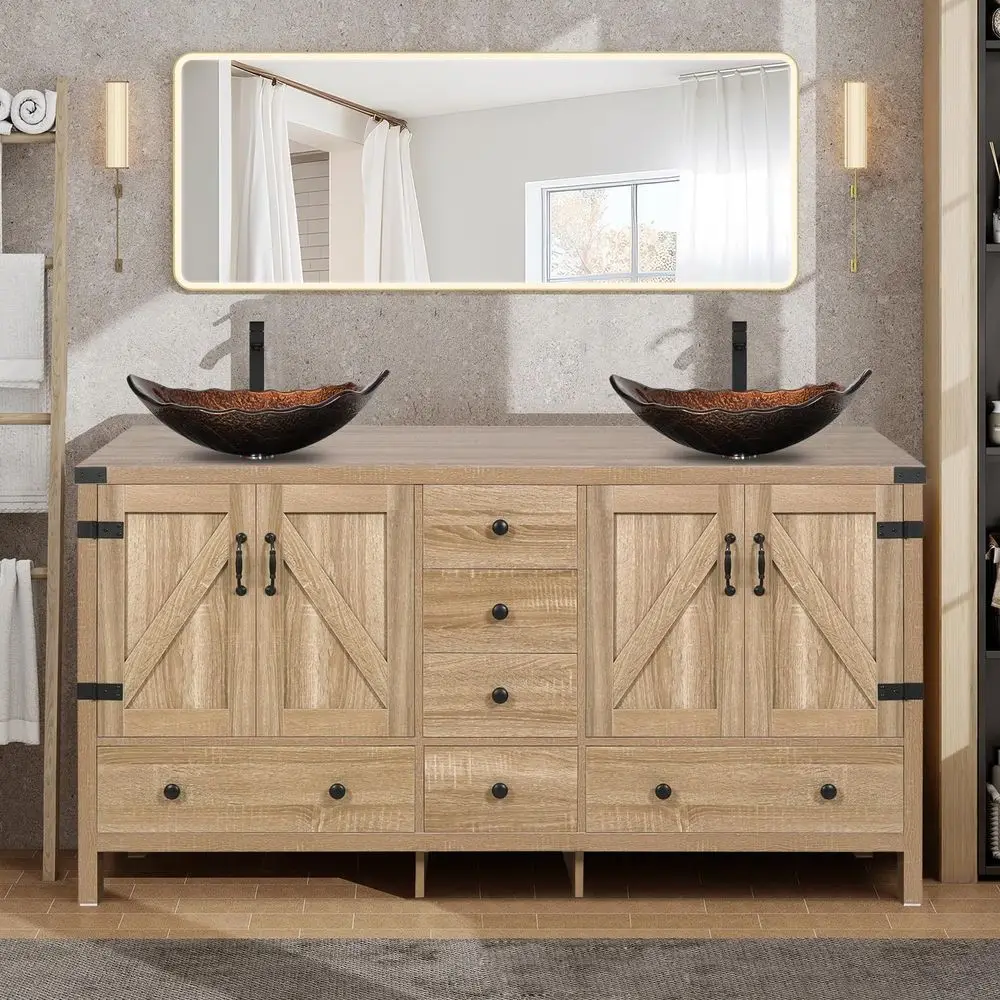 60 Inch Natural Wooden Vanity with Rustic Pedestal and Two Brown Leather Sinks
60 Inch Natural Wooden Vanity with Rustic Pedestal and Two Brown Leather Sinks
