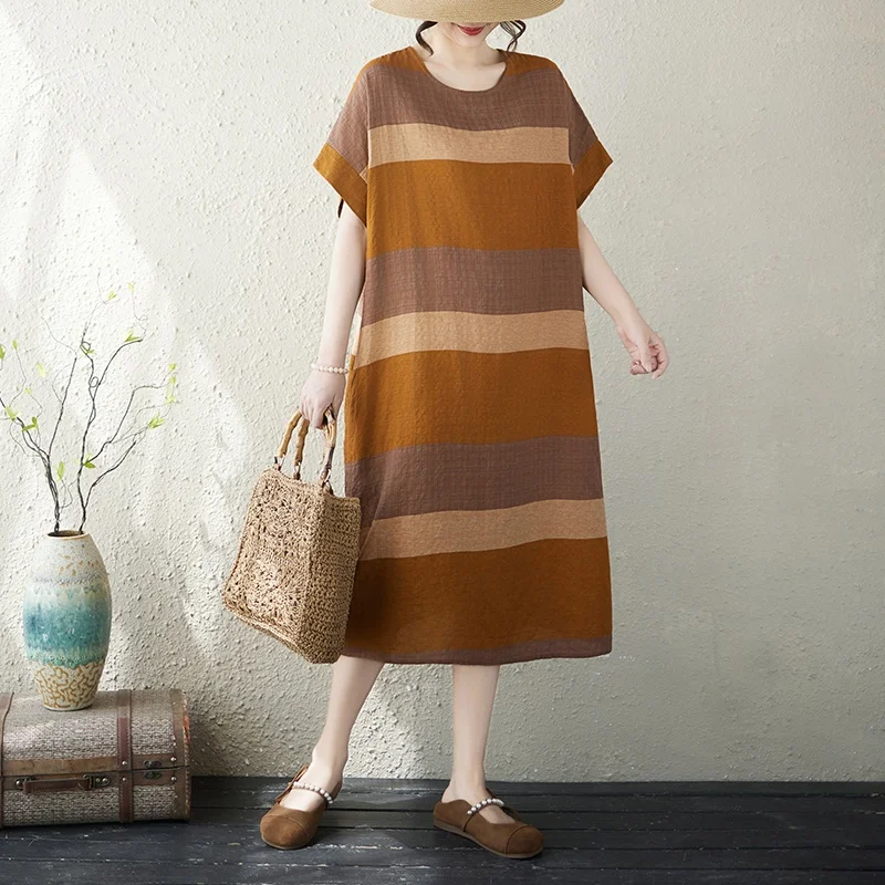 Summer New Style Thin Cotton And Linen Twist Artistic Women's Knee-Length Midi Dress Striped Skirt Loose Fit City Walk
Summer New Style Thin Cotton And Linen Twist Artistic Women's Knee-Length Midi Dress Striped Skirt Loose Fit City Walk