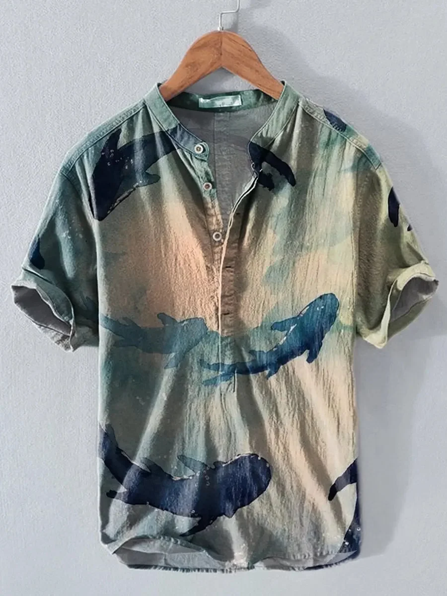 New artistic tie dye whale 3D printed pattern men's short sleeved Henry shirt casual style shirt clothing
New artistic tie dye whale 3D printed pattern men's short sleeved Henry shirt casual style shirt clothing