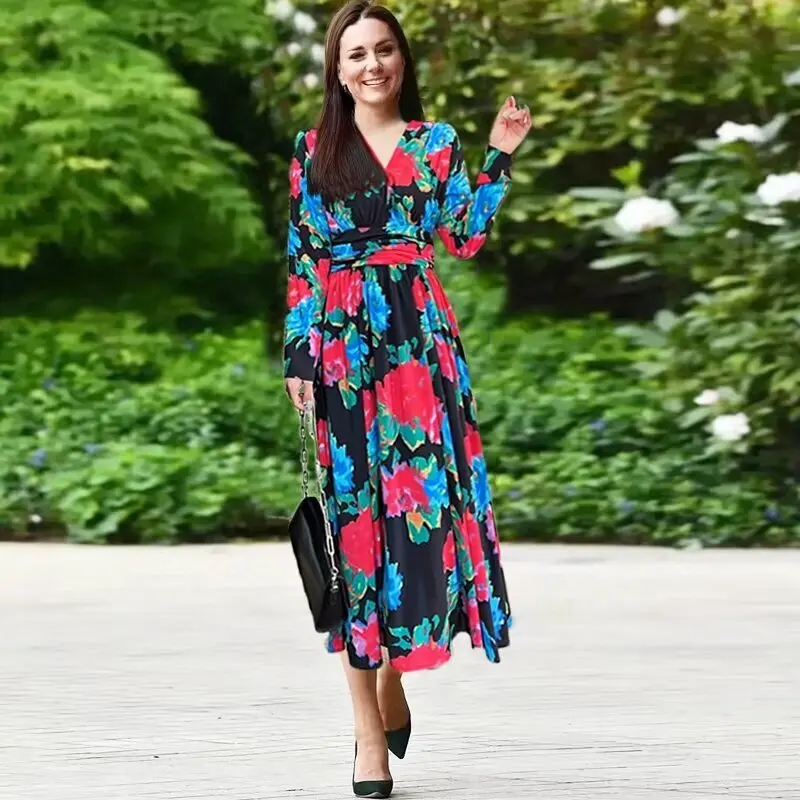 Fashion V-neck Long Sleeve Pleated Women Midi Long Dresses Princess Kate Flower Print Female Beach Pleated Dress
Fashion V-neck Long Sleeve Pleated Women Midi Long Dresses Princess Kate Flower Print Female Beach Pleated Dress