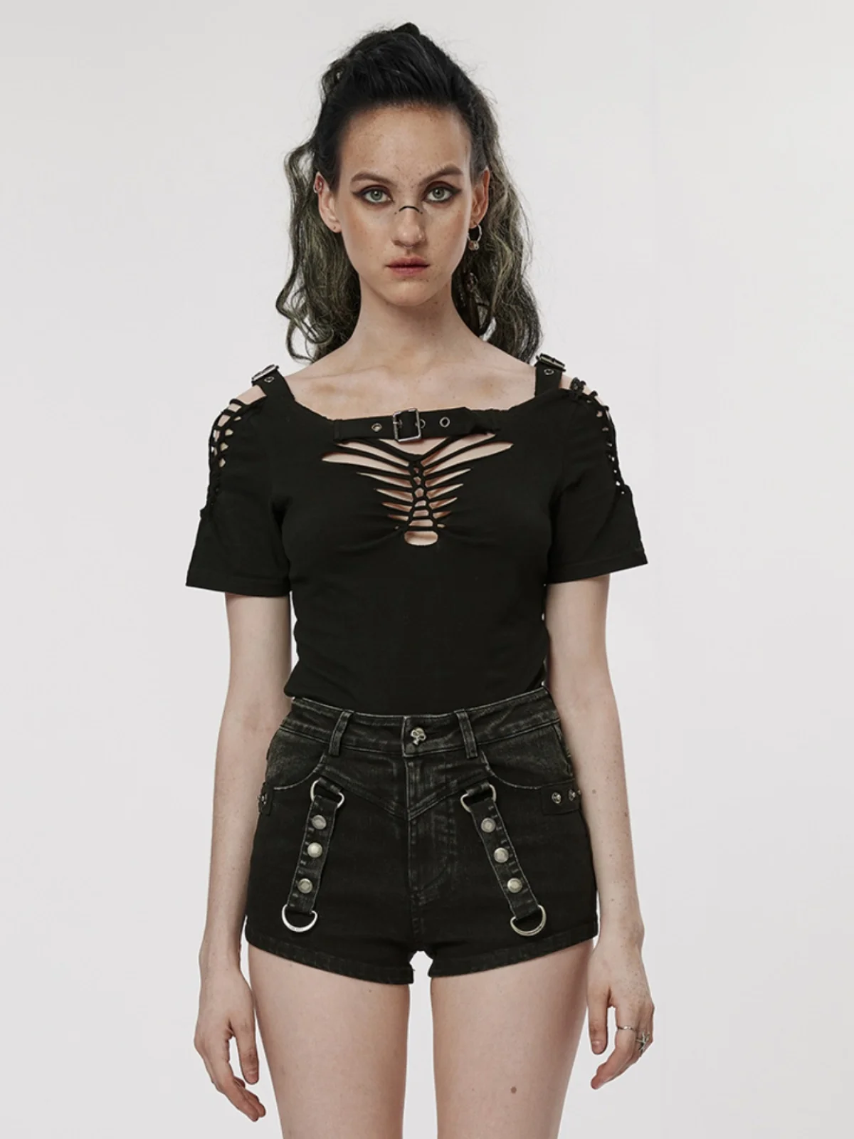 Punk Rave Women's Dark Rock Style Hollow Weave T-shirt Street Punk One-Shoulder Short Sleeve Slim Fit Cotton Blend Top
Punk Rave Women's Dark Rock Style Hollow Weave T-shirt Street Punk One-Shoulder Short Sleeve Slim Fit Cotton Blend Top
