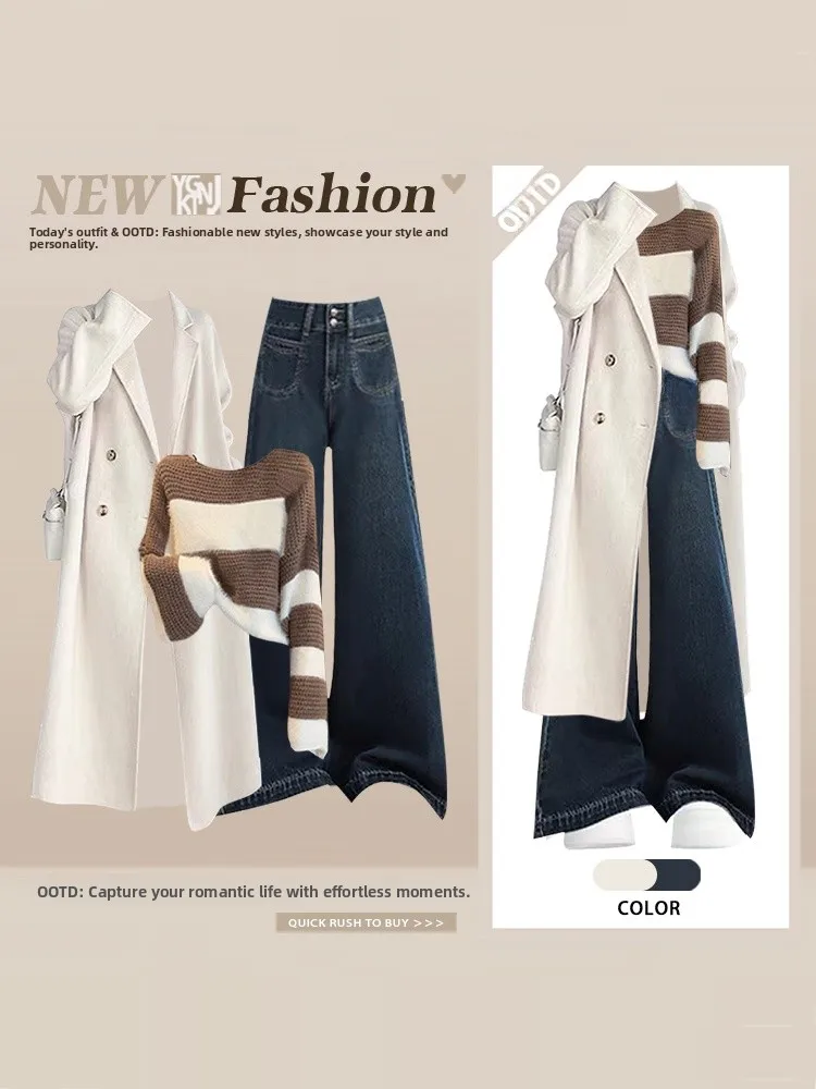 Fashionable Autumn Winter Korean Style Double Breasted Beige Coat with Striped Sweater And Wide Leg Jeans Ensemble
Fashionable Autumn Winter Korean Style Double Breasted Beige Coat with Striped Sweater And Wide Leg Jeans Ensemble
