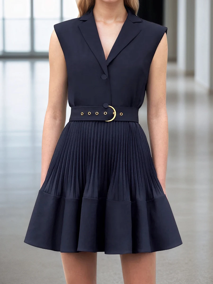 Navy Pleated Mini Dresses For Women Lapel Collar Sleeveless With Belted A-line Vestido Summer Elegant Fashion Casual Short Dress
Navy Pleated Mini Dresses For Women Lapel Collar Sleeveless With Belted A-line Vestido Summer Elegant Fashion Casual Short Dress