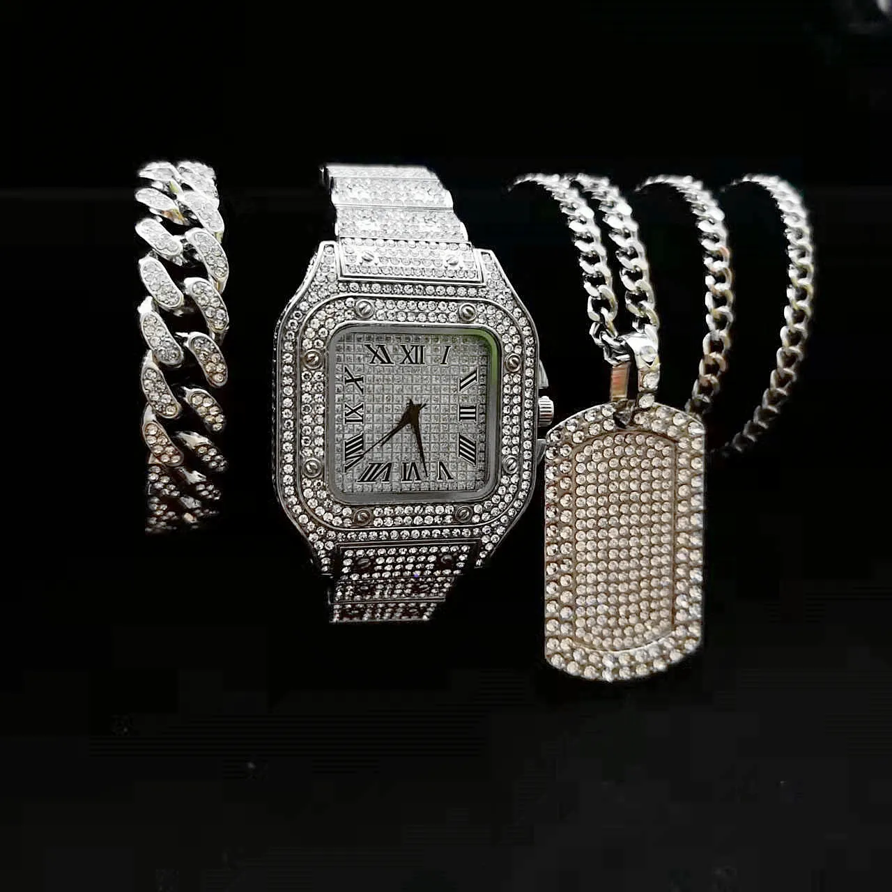Watch Necklace Bracelet Men 3pcs Luxury Iced Out Watch Men Bling Cuban Chains Fashion Jewelry Square Pendant Mens Gold Watches
Watch Necklace Bracelet Men 3pcs Luxury Iced Out Watch Men Bling Cuban Chains Fashion Jewelry Square Pendant Mens Gold Watches