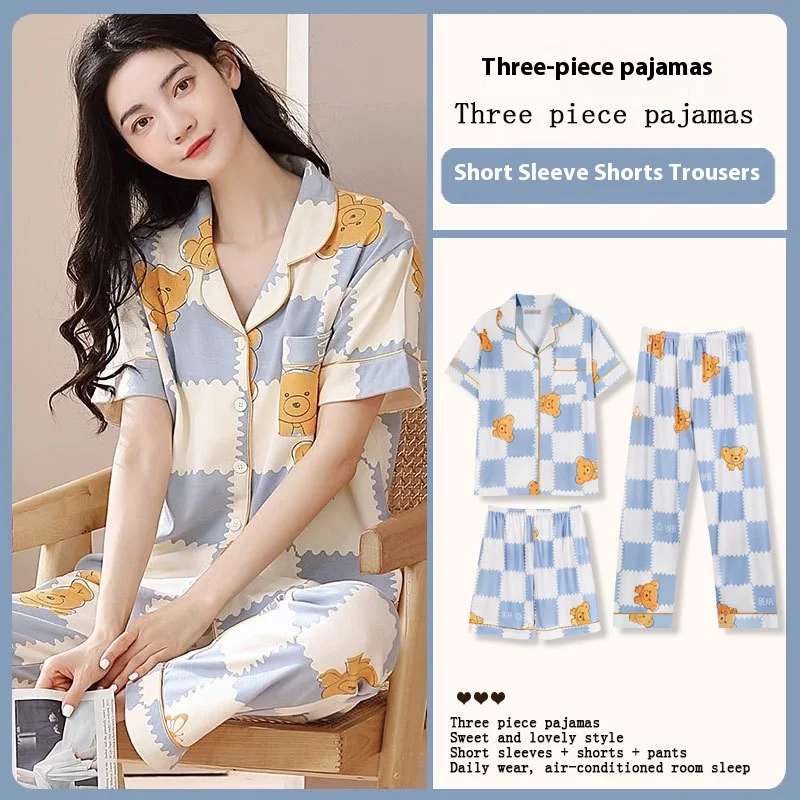 Three-Piece Pajamas Homewear Summer Short-Sleeved Pajamas Female Korean Ins Style Students Young Ladies Casual Homewear Set
Three-Piece Pajamas Homewear Summer Short-Sleeved Pajamas Female Korean Ins Style Students Young Ladies Casual Homewear Set