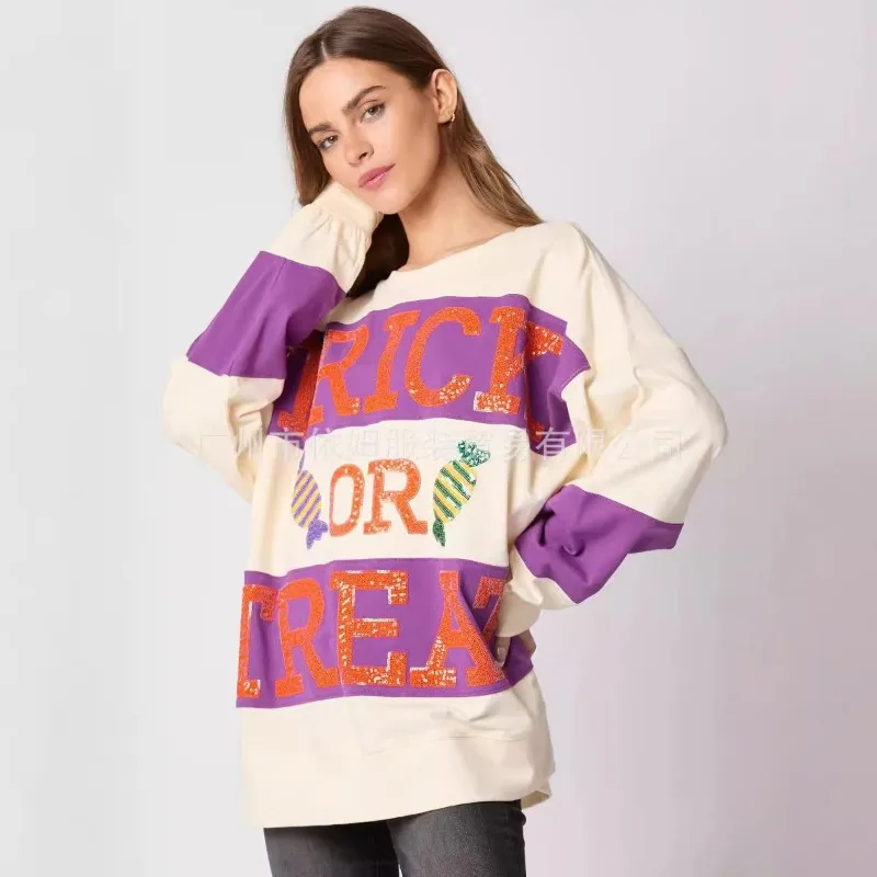 New Women's Splicing Pullovers O-Neck Printed Halloween Letter Glitter Color Blocked Hoodie Minimalist Casual Sweatshirts
New Women's Splicing Pullovers O-Neck Printed Halloween Letter Glitter Color Blocked Hoodie Minimalist Casual Sweatshirts