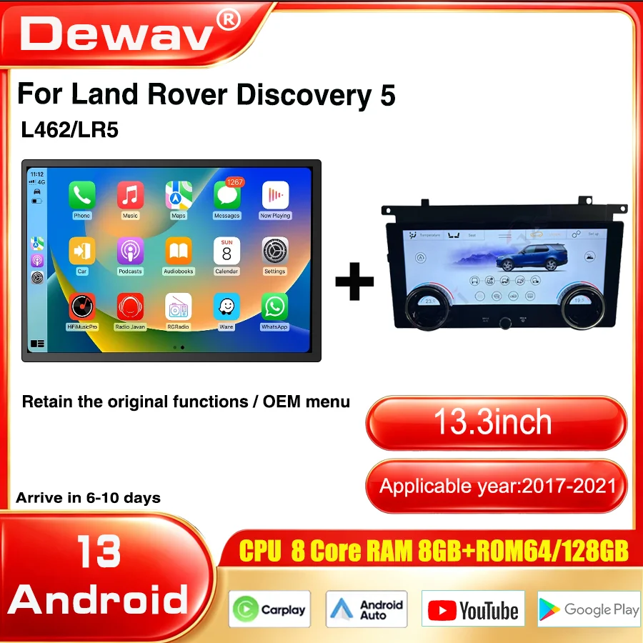 13.3 inch Android Carplay For 2017-2021 Land Rover Discovery 5 Multimedia player Radio Qualcomm screen air conditioner AC panel
13.3 inch Android Carplay For 2017-2021 Land Rover Discovery 5 Multimedia player Radio Qualcomm screen air conditioner AC panel