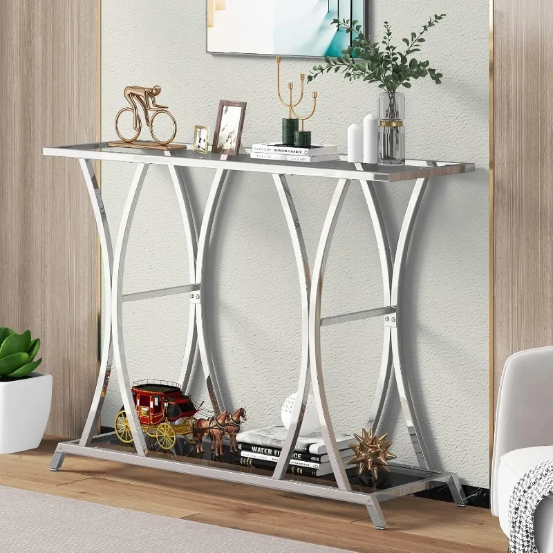 2-Tier Glass Entryway Table, Console Tables for Entryway with Chrome Frame, Silver Glass Sofa Table for Entryway, Living Room,
2-Tier Glass Entryway Table, Console Tables for Entryway with Chrome Frame, Silver Glass Sofa Table for Entryway, Living Room,