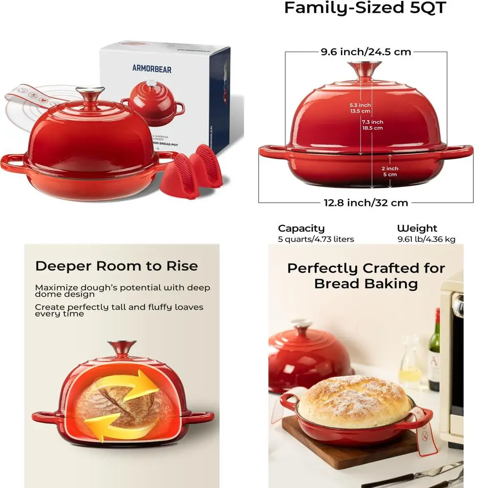 Enameled Cast Iron Sourdough Dutch Oven Pot, 5-Quart, Dome Lid, Perfect for Homemade Bread Baking, Red
Enameled Cast Iron Sourdough Dutch Oven Pot, 5-Quart, Dome Lid, Perfect for Homemade Bread Baking, Red