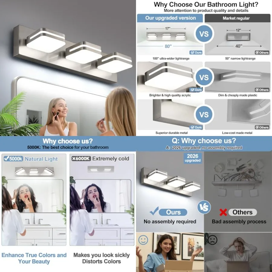 360° Rotate LED Bathroom Vanity Light Fixtures, 1300LM Acrylic Vanity Lights for Bathroom, Modern Wall Lighting Fixtures Over M
360° Rotate LED Bathroom Vanity Light Fixtures, 1300LM Acrylic Vanity Lights for Bathroom, Modern Wall Lighting Fixtures Over M