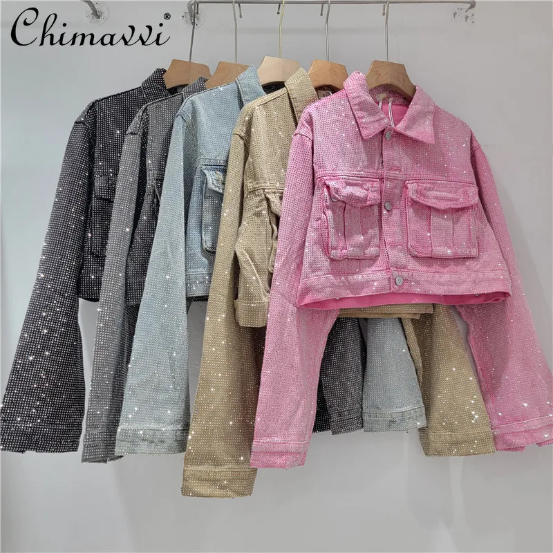 Autumn New Heavy Fashion Large Pocket Rhinestone Turn-down Collar Denim Jacket Women Loose Short Streetwear Long Sleeve Coat Top
Autumn New Heavy Fashion Large Pocket Rhinestone Turn-down Collar Denim Jacket Women Loose Short Streetwear Long Sleeve Coat Top