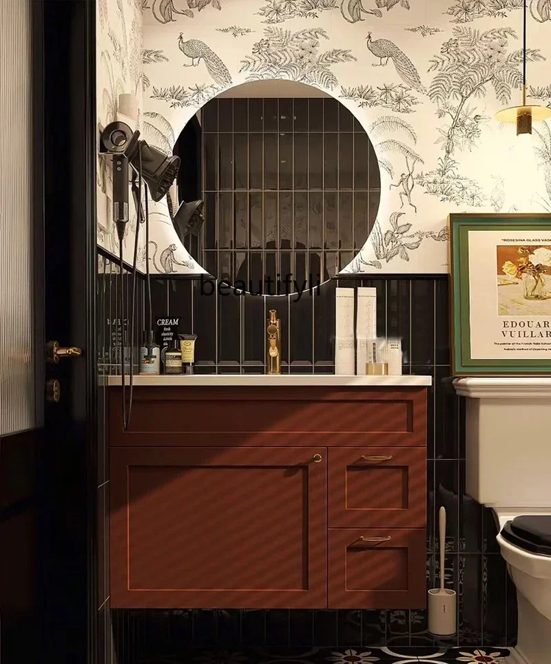 Red Bathroom Cabinet Combination Wall-Mounted Bathroom Cabinet Black Tile Bathroom Wash Basin
Red Bathroom Cabinet Combination Wall-Mounted Bathroom Cabinet Black Tile Bathroom Wash Basin