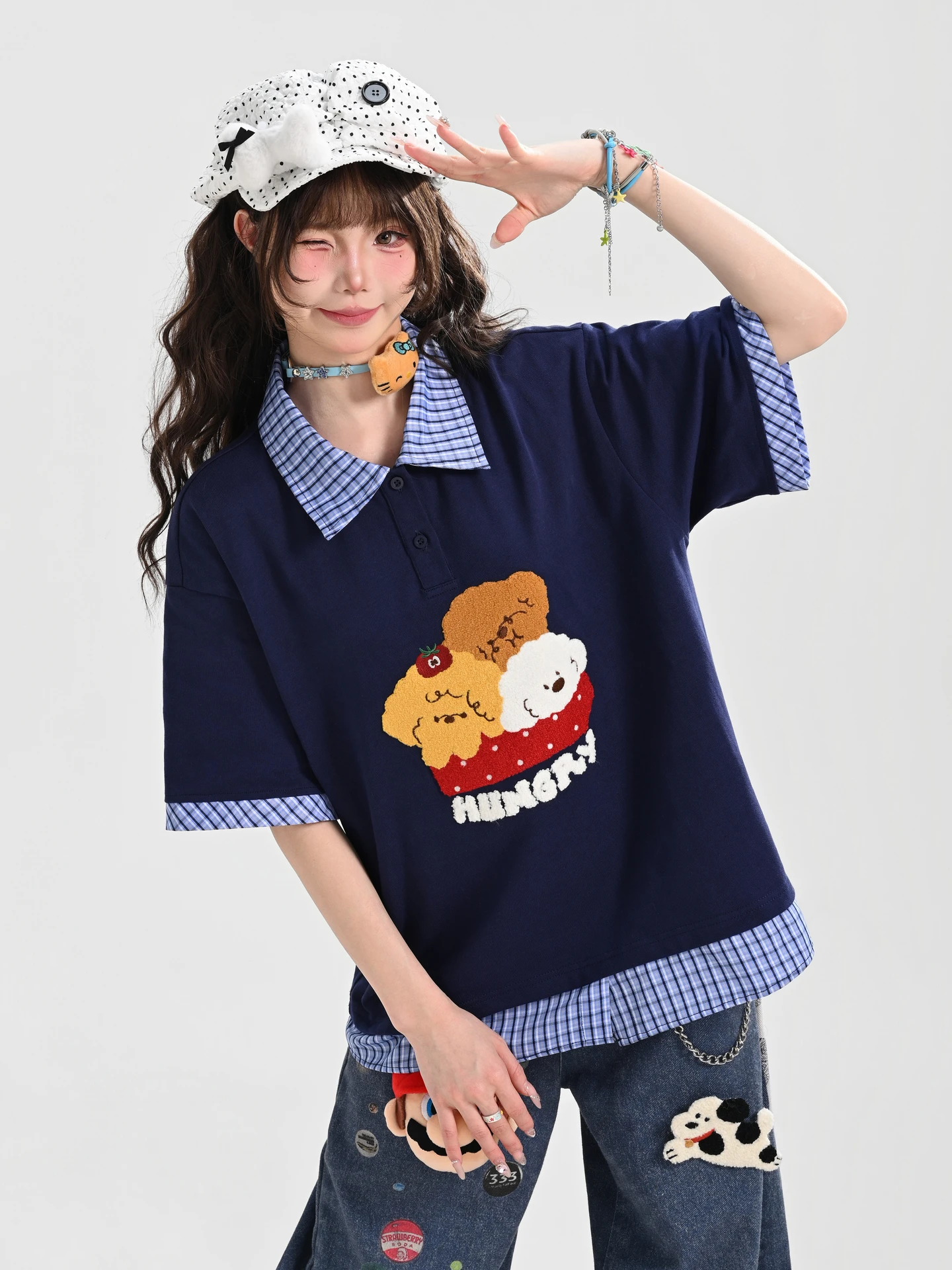Sweet Style Patchwork Design Loose Short Sleeve T-Shirt Women's 2026 New Turn Collar Top Summer Fashion Folklore Casual
Sweet Style Patchwork Design Loose Short Sleeve T-Shirt Women's 2026 New Turn Collar Top Summer Fashion Folklore Casual