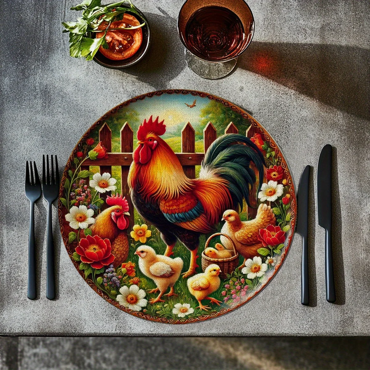 4 pieces of colorful rooster, hen and chick round placemats - washable table mats for daily dining, kitchen, banquet, party decoration
4 pieces of colorful rooster, hen and chick round placemats - washable table mats for daily dining, kitchen, banquet, party decoration
