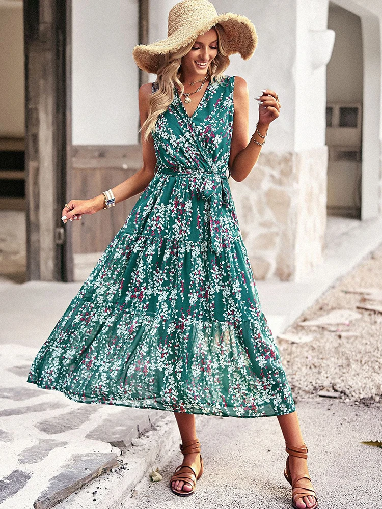 Vintage Floral Print Sleeveless Dress Women Summer Elegant V-neck Lace-up Midi Dress Female Fashion Casual Vacation Sundress New
Vintage Floral Print Sleeveless Dress Women Summer Elegant V-neck Lace-up Midi Dress Female Fashion Casual Vacation Sundress New