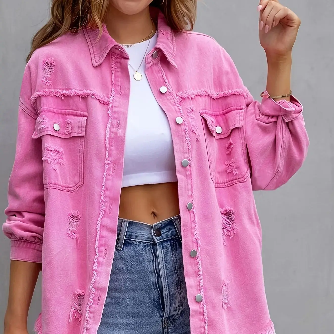 2025 Holes Raw-edges Denim Jacket Women Spring Autumn Shirt Style Jeancoat Casual Top Rose-Red Orange Purple Outerwear Lady Coat
2025 Holes Raw-edges Denim Jacket Women Spring Autumn Shirt Style Jeancoat Casual Top Rose-Red Orange Purple Outerwear Lady Coat