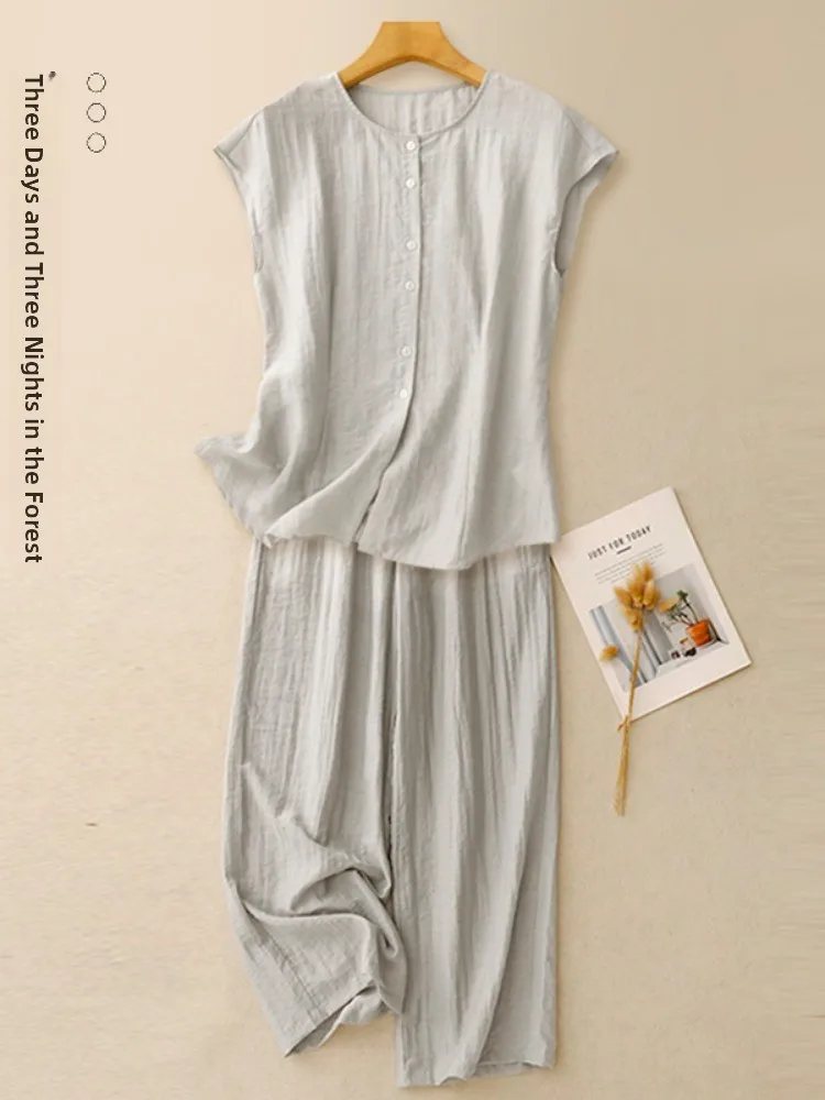 Casual Cotton Linen Set Women Summer Lightweight Sleeveless Loose Wide Leg Pants Two Piece Set Simple Artistic Pure Color
Casual Cotton Linen Set Women Summer Lightweight Sleeveless Loose Wide Leg Pants Two Piece Set Simple Artistic Pure Color